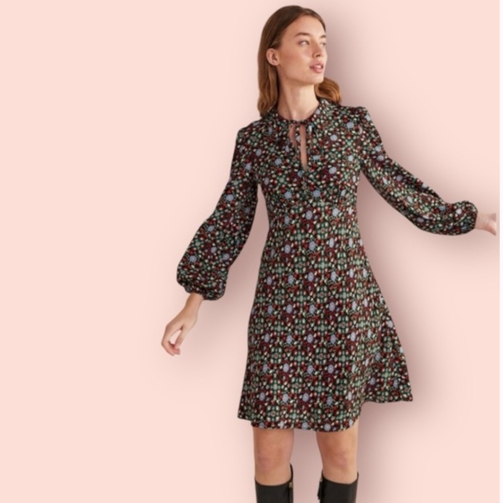 NWT Boden Tie Neck Shirt Dress In Black Gardenia Floral